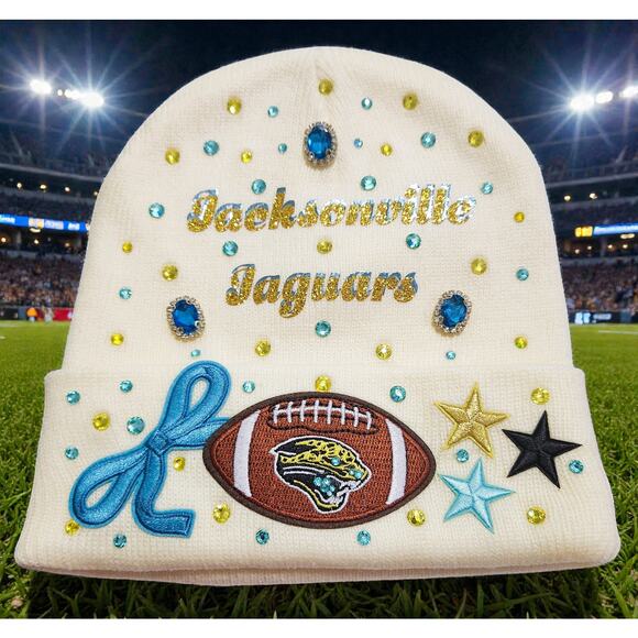 Jacksonville Jaguars Beanie Cream design with teal and gold rhinestones, Logo - Picture 2 of 5